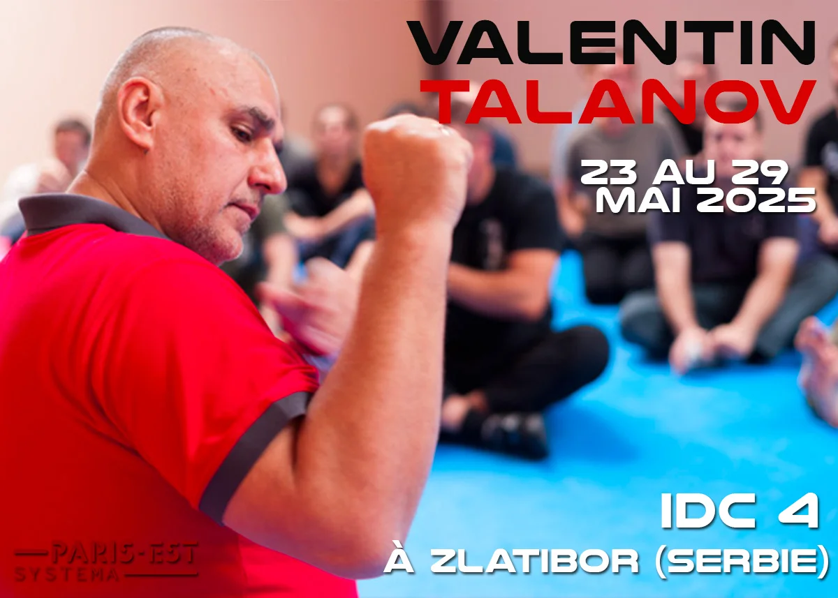 Affiche du séminaire IDC 4 : Valentin Talanov, le poing levé, devant un groupe assis. Du 23 au 29 mai 2025 à Zlatibor, en Serbie.
